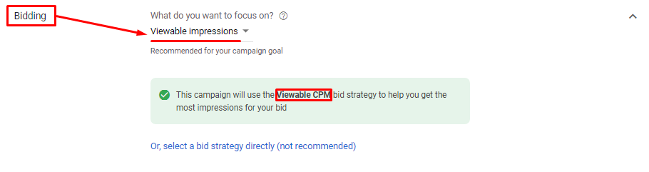 An example of setting up the “Viewable CPM” bid strategy