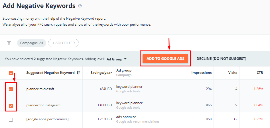 Add negative keywords to your Google Ads account
