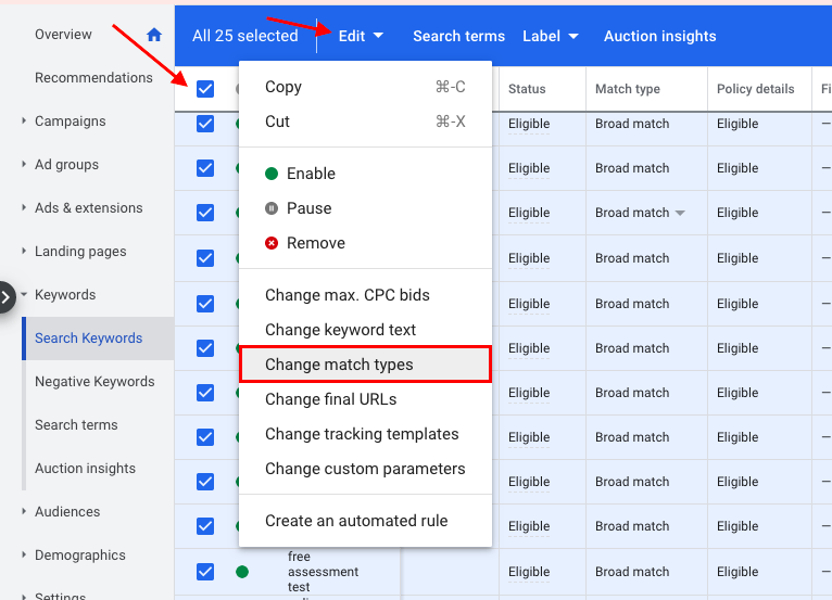 Check the box in the menu bar if you want to perform a bulk change to all keywords on the page