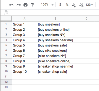 We created ten ad groups, each with one exact match keyword