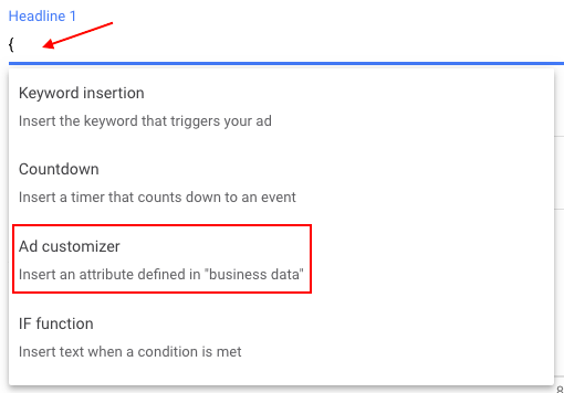 Ad customizer lets you insert an attribute defined in “Business data”