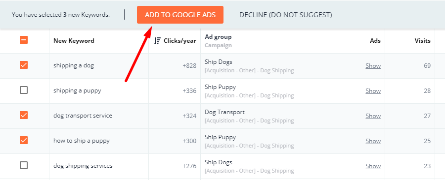 Don’t forget to tick keywords you want to add to your campaign
