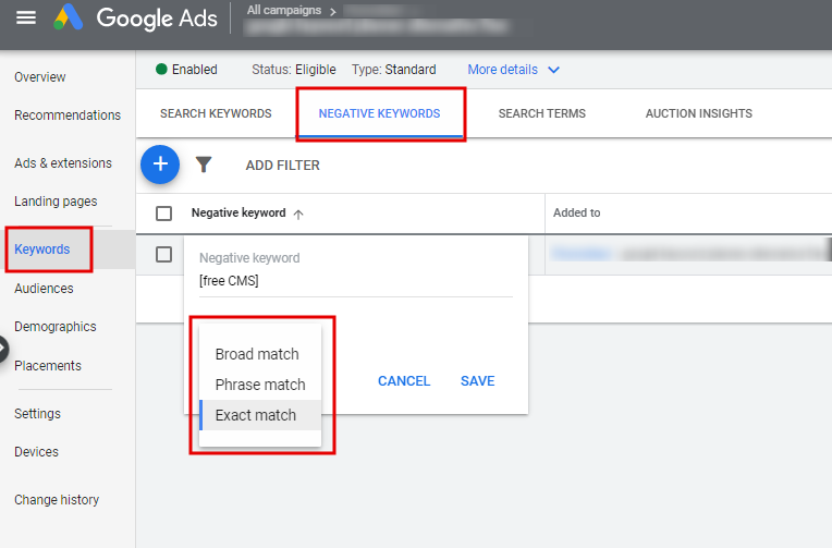 Changing negative keyword match type in the Google Ads interface
