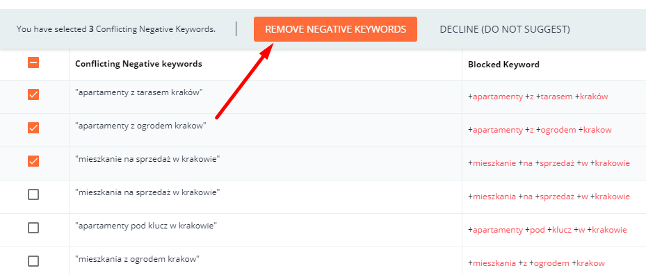 Don’t forget to tick keywords to unblock them