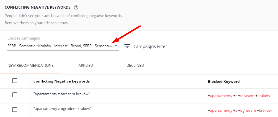 Choose the campaigns for which you want to get keyword recommendations