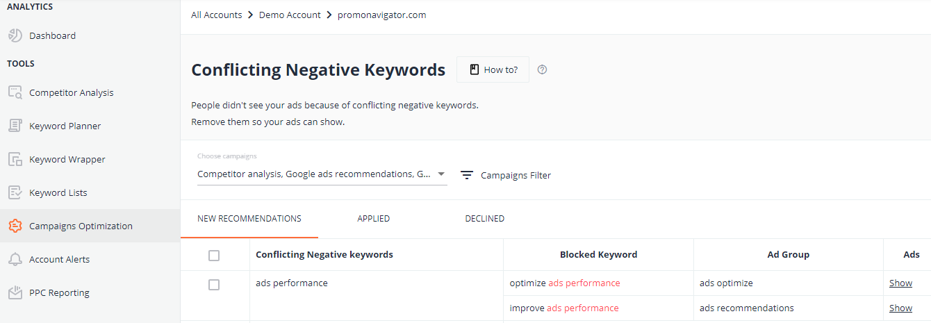 Here is an example of how PromoNavi’s Conflicting Negative Keywords tool works