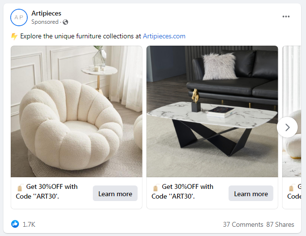 An example of the Carousel ad on the Facebook Search