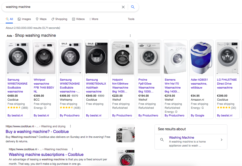 Google Shopping ads on the All tab