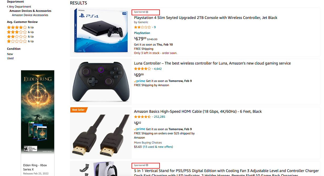 Amazon's Product Ads on Amazon's search results