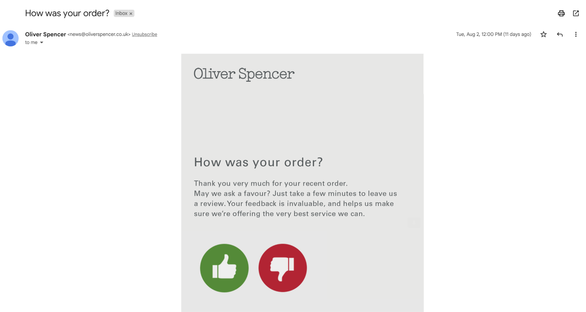 An example of a personalized email from a fashion brand Oliver Spencer