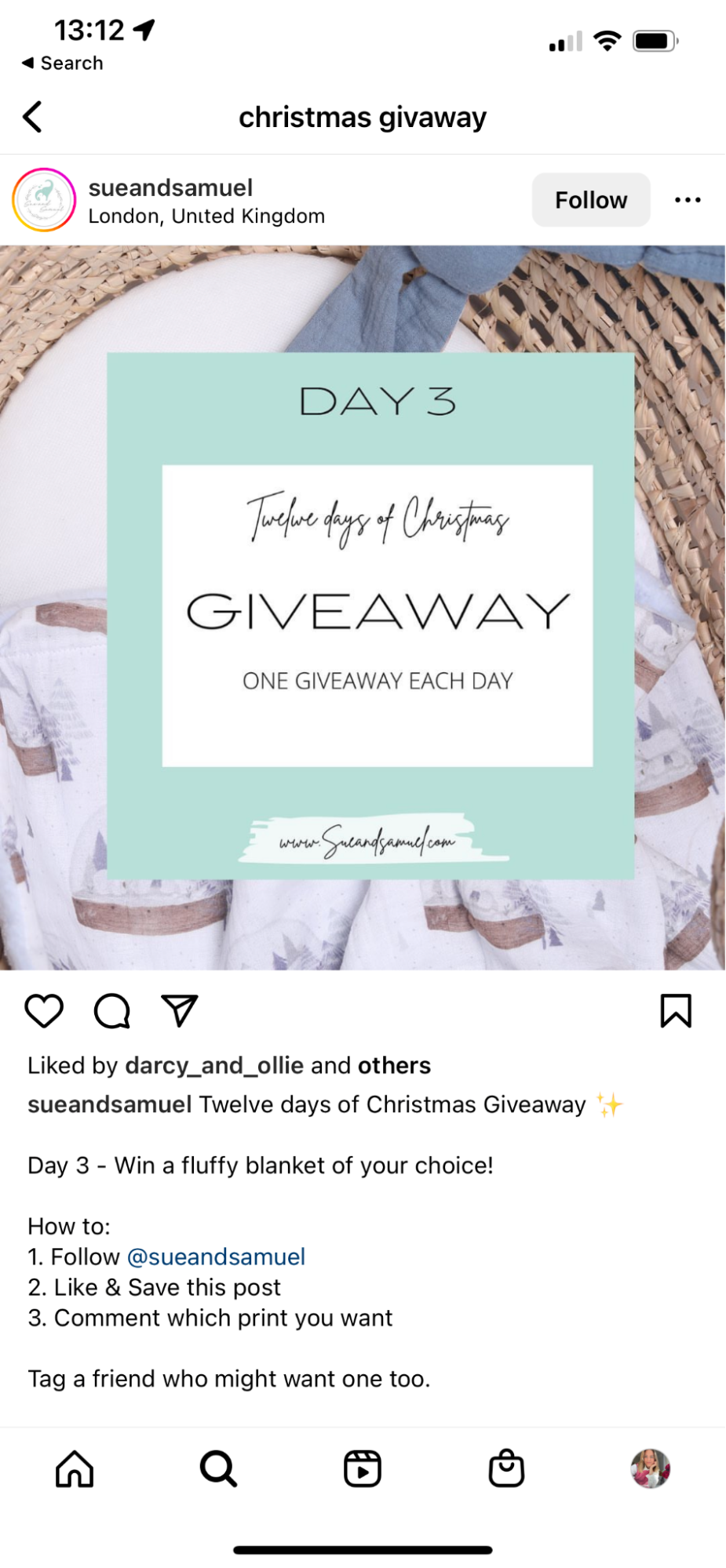 Sue and Samuel’s Instagram Christmas giveaway.