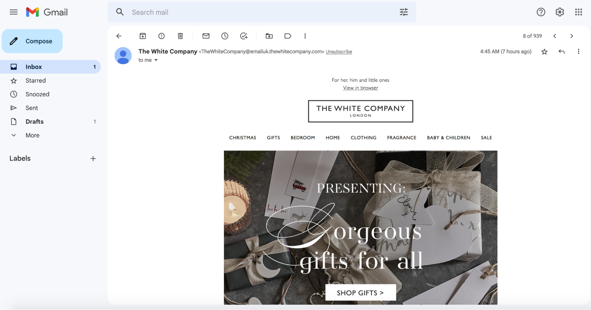 The White Company’s promotional holiday email.