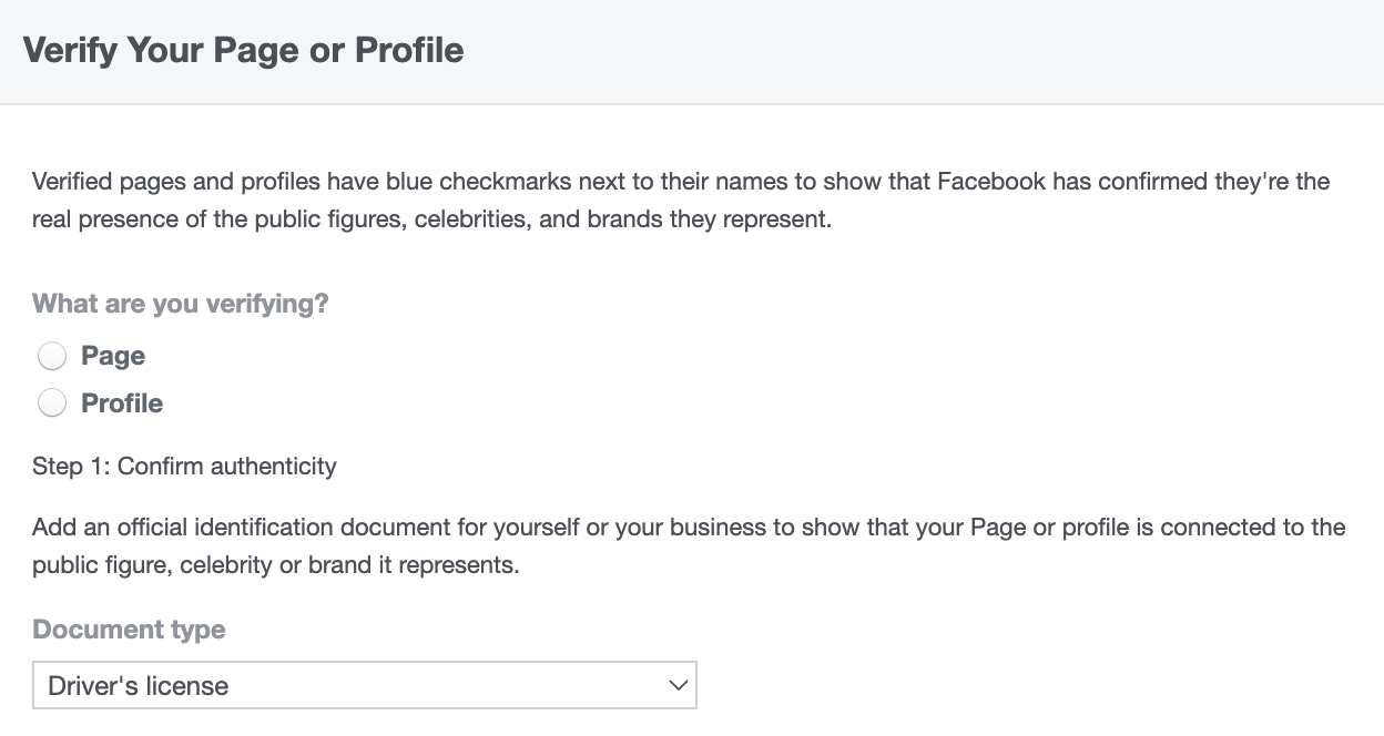 Facebook form to get verified.